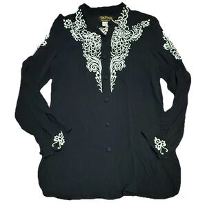 Bob Mackie Women Small Silk Black Blouse Button Up Long Sleeve White Embroidery